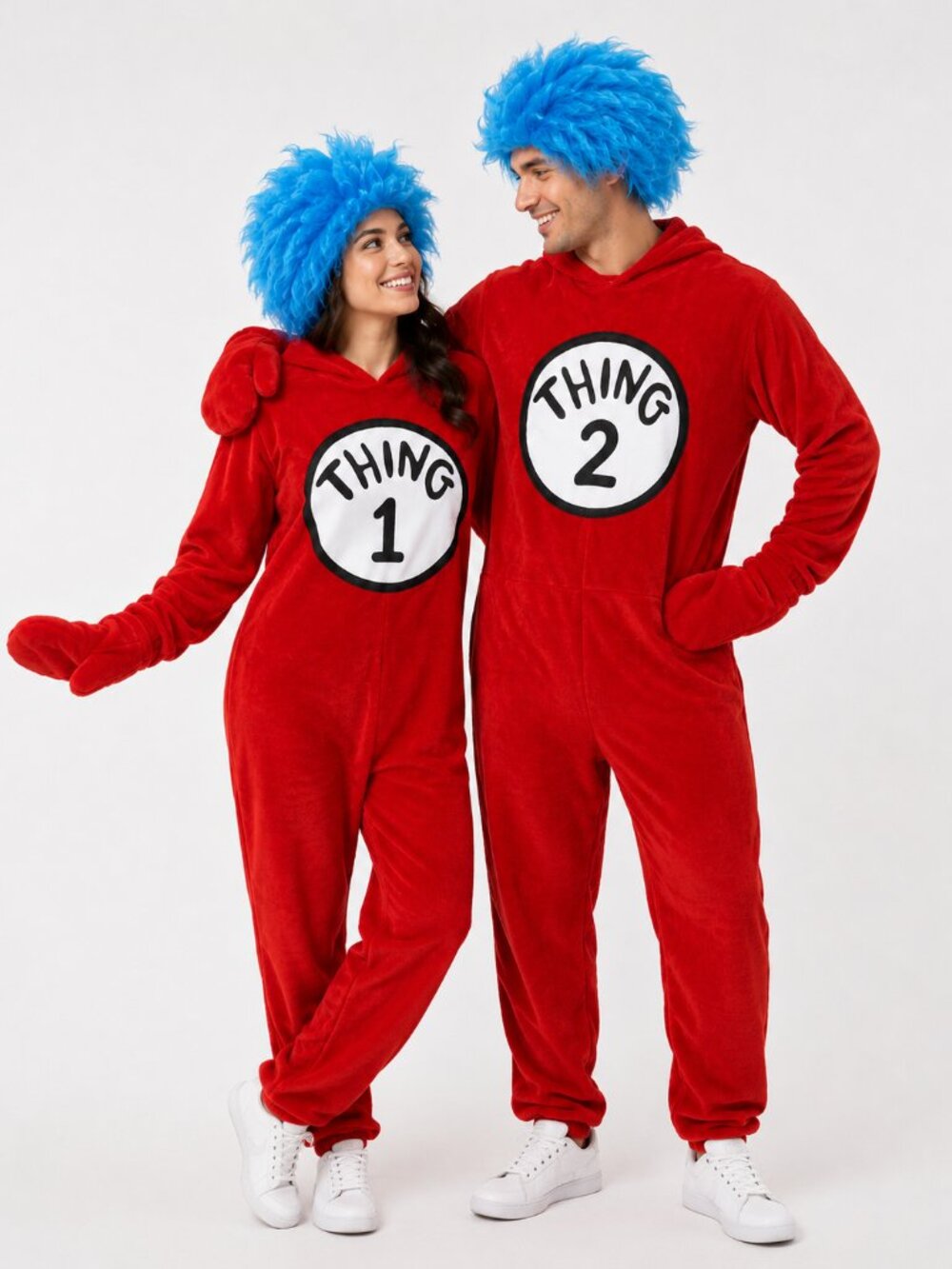 Couples Costume Set of 2 Adult Thing 1 Thing 2 Jumpsuits Wigs Halloween Dr Seuss
